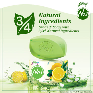 Godrej No. 1 Bathing Soap Lime & Aloe Vera – Grade 1 Soap & Long-lasting Fragrance, Combo Pack of 8 (150g each)